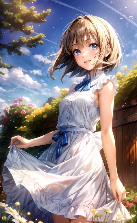 1girl, cowboy shot, standing, short hair, brown hair, blue eyes, white dress, collared dress, frilled dress, sleeveless dress, bare shoulders, bare arms, open mouth, smile, outdoors, garden, blue sky, sunlight