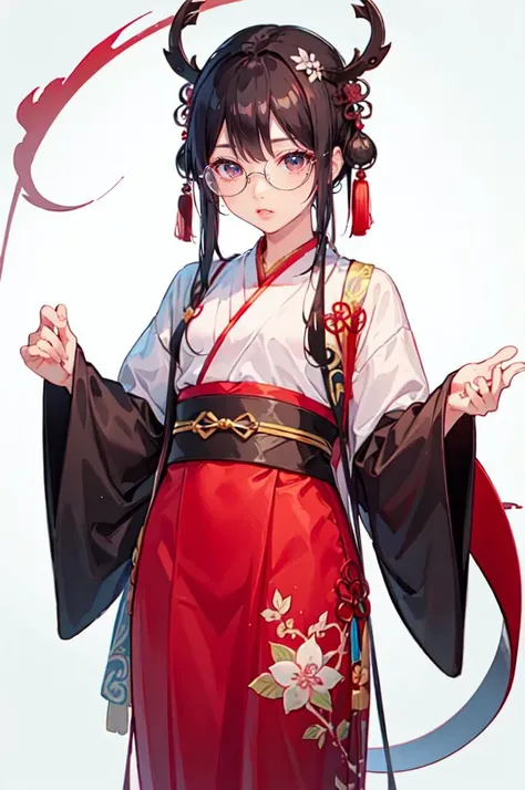 <lora:EDGHanfusion:0.8> edghanfu, wearing edghanfu, cowboy shot, hanfu, <lora:LIP:0.8> (LilyPichuTI:0.9), glasses,, ultra detailed, masterpiece, best quality, aesthetic, detailed,