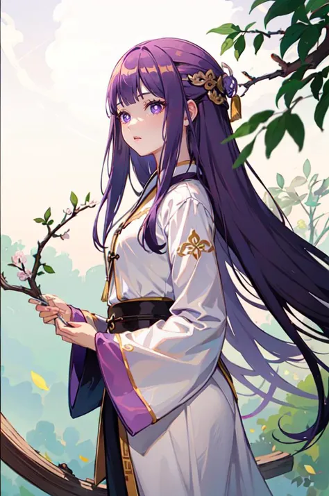 <lora:EDGHanfusion:0.8> edghanfu, wearing edghanfu, cowboy shot, hanfu, <lora:Fern:0.8> FernFrieren, very long hair, purple eyes, (purple pupils),, ultra detailed, masterpiece, best quality, aesthetic, detailed,