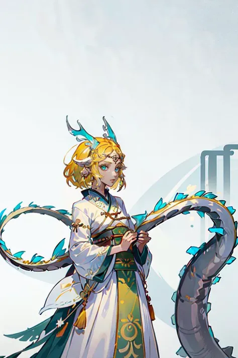 <lora:EDGHanfusion:0.8> edghanfu, wearing edghanfu, cowboy shot, hanfu, <lora:lightdragon:0.8> lightdragon, princess zelda, dragon girl, blonde hair, horns, short hair, animal ears, (straight-on:1.5),, ultra detailed, masterpiece, best quality, aesthetic, detailed,