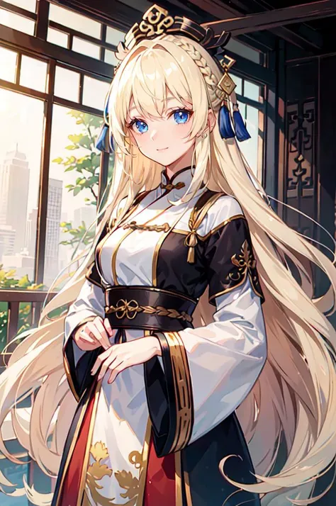 <lora:EDGHanfusion:0.8> edghanfu, wearing edghanfu,, ultra detailed, masterpiece, best quality, aesthetic, detailed,, solo, soft smile, light smile,
1girl, blue eyes, very long hair, blonde hair, long blonde hair, french braid, bangs, medium breasts,