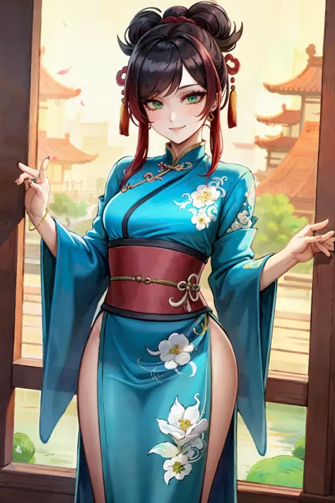 (masterpiece:1.2), (best quality:1.2), perfect eyes, perfect face, volumetric lighting, 1girl, mature female wearing edghanfu, edghanfu, long red hair, top knot, colorful clothes, smiling, peaceful pose, green eyes, small breasts, floral pattern, fish pattern, silk, embroideries, long nails, makeup, thick eyelashes, rings, standing in a chinese garden, detailed background, midday <lora:hanfusionDesign_v10:1>