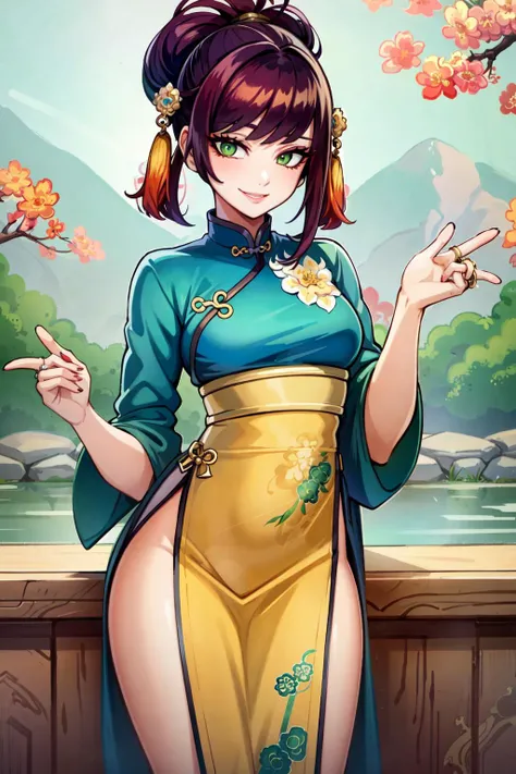 (masterpiece:1.2), (best quality:1.2), perfect eyes, perfect face, volumetric lighting, 1girl, mature female wearing edghanfu, edghanfu, long red hair, top knot, black and gold clothes, smiling,  peaceful pose, green eyes, small breasts, floral pattern, fish pattern, silk, embroideries, long nails, makeup, thick eyelashes, rings, standing in a chinese garden, detailed background, midday  <lora:hanfusionDesign_v10:1>