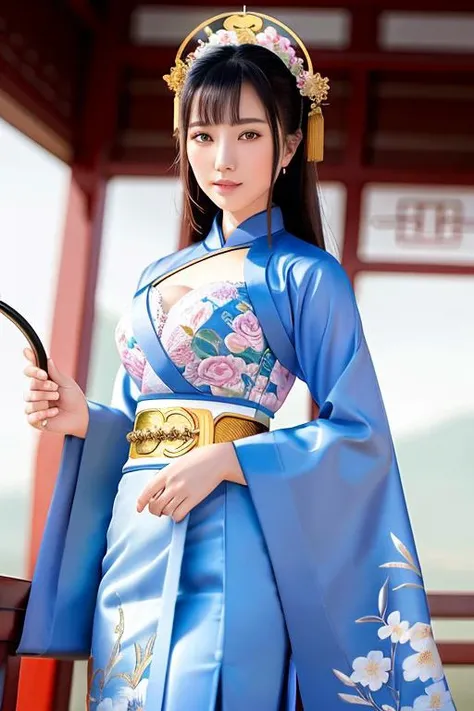 Masterpiece, absurdres,award winning photo, extremely detailed, amazing, fine detail, extremely detailed eyes and face, beautiful woman, 1girl, holding a sword,
EDGHanfu, a woman, in an ancient China garden, wearing EDGHanfu, traditional,floral embroidery, blue fabric around the cleavage area, golden embroidery on the belt and sleeves, woman wearing lipstick, posing for a picture,
<lora:hanfusionDesign_v10:0.7> <lora:libingbing_v1:0.5>