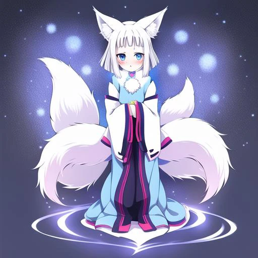 kon, 1 girl, fox ears, full body, blush, blue eye color, both eyes same color, 1 tail, good anatomy, <lora:konTokayoRavenLoraV1:1.4>