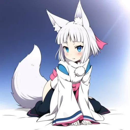 kon, 1 girl, fox ears, full body, blush, blue eye color, both eyes same color, 1 tail, good anatomy, <lora:konTokayoRavenLoraV1:1.4>