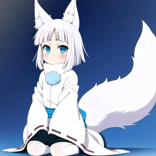kon, 1 girl, fox ears, full body, blush, blue eye color, both eyes same color, 1 tail, good anatomy, <lora:konTokayoRavenLoraV1:1.4>