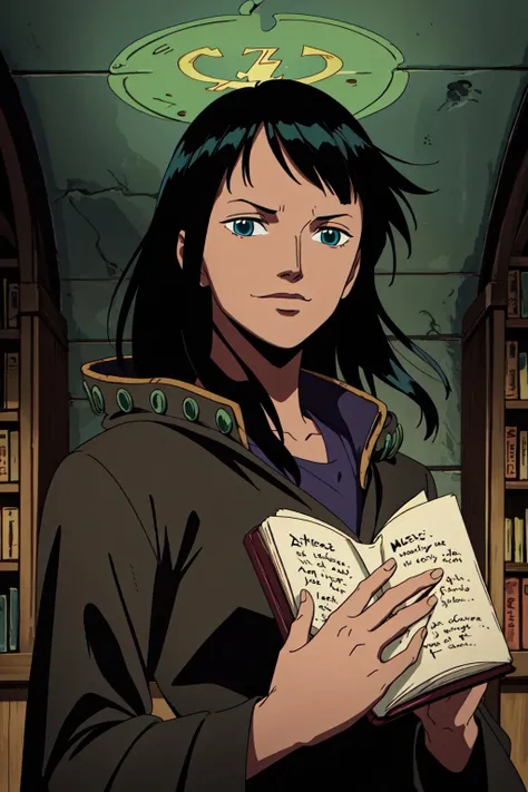 <lora:nico-06:1> nico robin, portrait, looking at viewer, solo, half shot, detailed background, detailed face, (medieval high fantasy theme:1.1) evil wizard, tattered Bronzy Brown magical robes, sinister smirk, green color scheme, dark scarlet light, library, glowing magical text, evil book, dark atmosphere, shadows, realistic lighting, floating particles, sparks, surrounded by yellow lightning <lora:LightingVFX:0.1>, summoning, (thick melting candles:0.8), red arcane symbols,