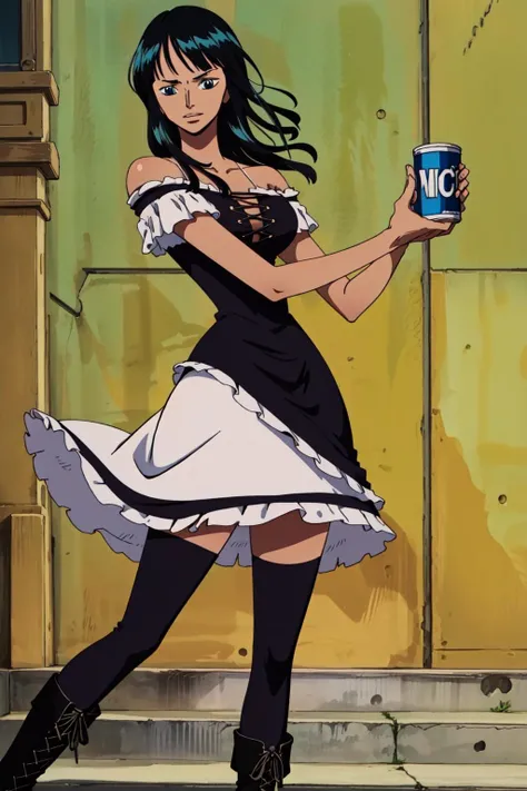 <lora:nico-06:1> nico robin,The Flirty Can-Can: A frilled and ruffled off-the-shoulder dress with a cinched waist and layers of colorful petticoats, finished with lace-up boots