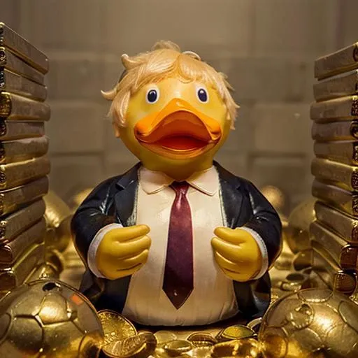 rubberduck, boris johnson, in a pile of treasure <lora:rubberduck_v10:1>, 8k, 4k, detailed