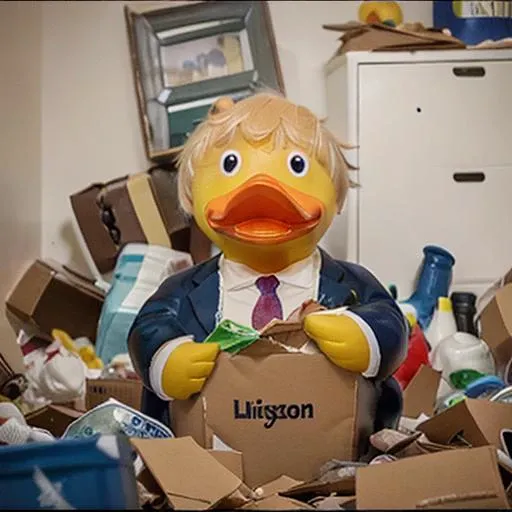 rubberduck, boris johnson, in a pile of trash, <lora:rubberduck_v10:1>, 8k, 4k, detailed