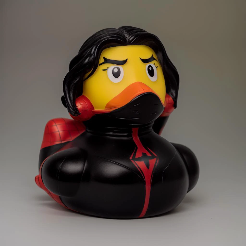 a <lora:rubberduck_v10:1> rubberduck, Marvel's Spider-Woman Jessica drew black hair, black spider-woman suit with red details. Face covered. Yellow triangle shape on mask in forehead., plastic toy, in location: ancient spaceship wreckage, (Masterpiece:1.3) (best quality:1.2) (high quality:1.1)