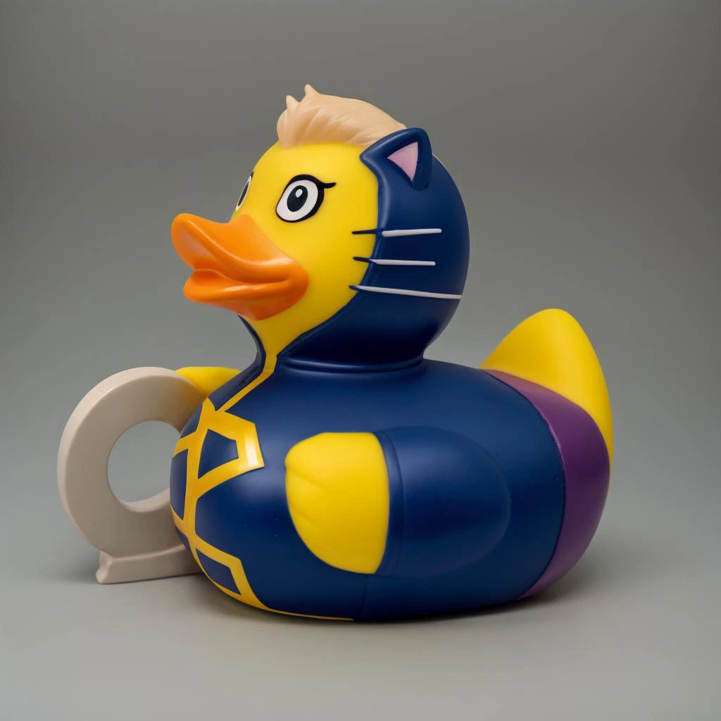 a <lora:rubberduck_v10:1> rubberduck, Marvel's Kitty Pryde in an X-men suit, phasing through solid objects, plastic toy, in location: tectonic rift, (Masterpiece:1.3) (best quality:1.2) (high quality:1.1)