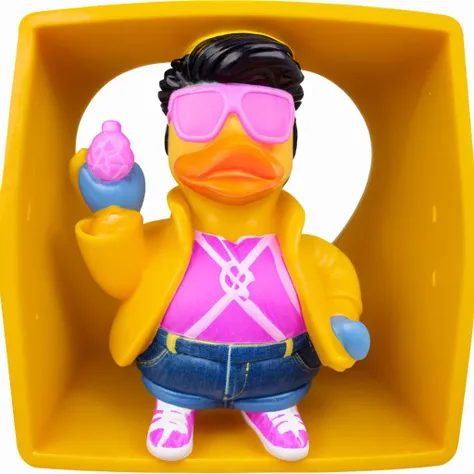 a <lora:rubberduck_v10:1> rubberduck, <lora:jubilee-10:1>jubilee, black hair, pink glasses, yellow jacket, jeans shorts, pink shirt, plastic toy, in location: orbital habitat, (Masterpiece:1.3) (best quality:1.2) (high quality:1.1)