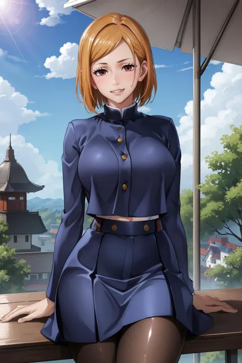 NobaraSU1,1girl, solo, short hair, orange hair, school uniform, brown eyes, looking at viewer, bangs, cowboy shot, skirt, long sleeves, high-waist skirt, smile, big breasts, breasts, pantyhose, black pantyhose, hourglass figure, blue skirt, turtleneck, sweatdrop, hair behind ear, blue jacket, blue clothes, belt,shiny hair, buttons, crop top overhang, hourglass figure, outdoors, blue sky, clouds, trees, bushes, pagoda, buildings, sunshine, sitting, girl sitting, sitting in, clenched teeth, teeth, <lora:NobaraSU1-10:0.8>
BREAK
masterpiece, best quality, highly detailed background, perfect lightingbest quality, ((shiny skin, glossy skin, detailed skin))