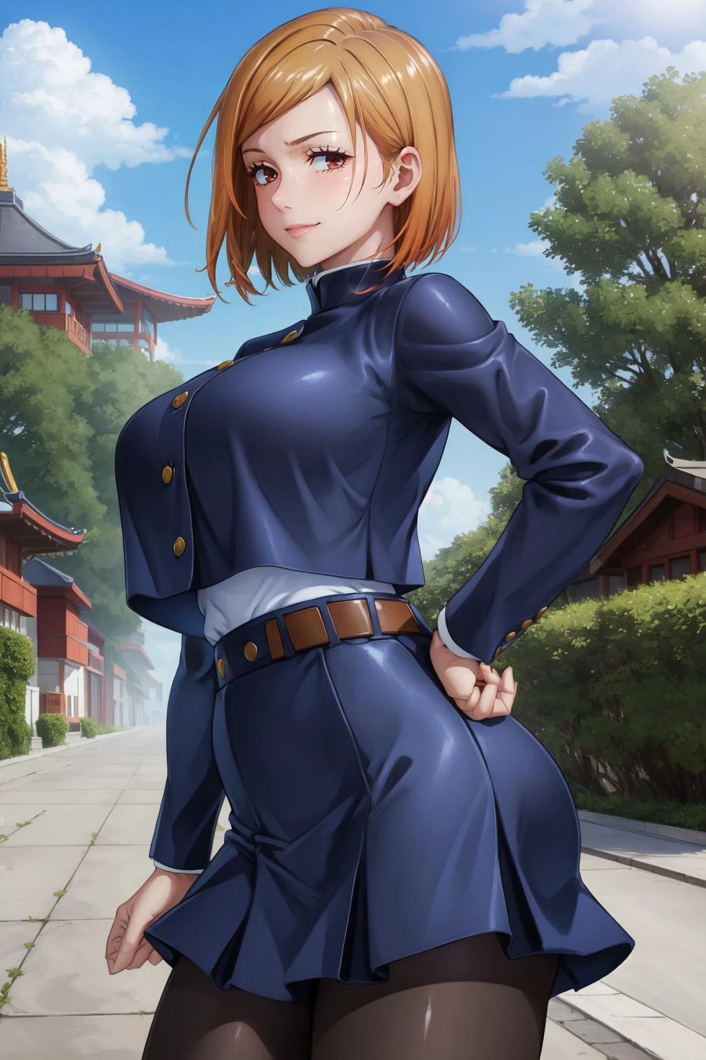 NobaraSU1,1girl, solo, short hair, orange hair, school uniform, brown eyes, looking at viewer, bangs, cowboy shot, skirt, long sleeves, high-waist skirt, smile, big breasts, breasts, pantyhose, black pantyhose, hourglass figure, blue skirt, turtleneck, sweatdrop, hair behind ear, blue jacket, blue clothes, belt,shiny hair, buttons, crop top overhang, hourglass figure, outdoors, blue sky, clouds, trees, bushes, pagoda, buildings, sunshine, looking back, standing, arms in hips, closed mouth, <lora:NobaraSU1-10:0.8>
BREAK
masterpiece, best quality, highly detailed background, perfect lightingbest quality, ((shiny skin, glossy skin, detailed skin))