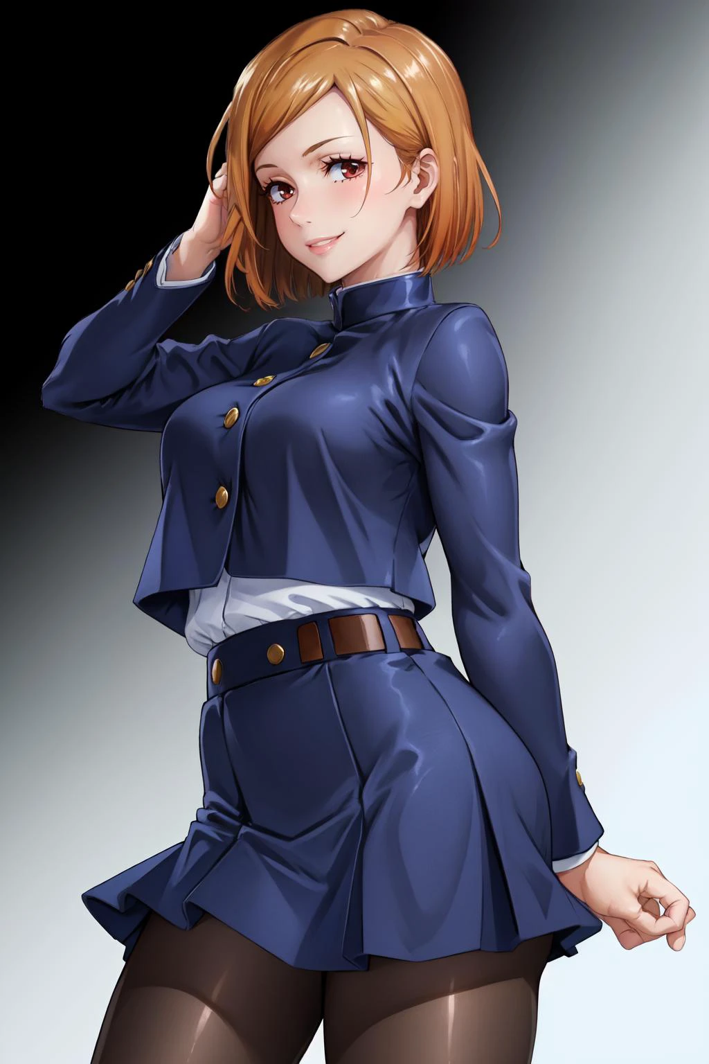 NobaraSU1,1girl, solo, short hair, orange hair, school uniform, brown eyes, high-waist skirt, smile, black pantyhose, hourglass figure, blue skirt, turtleneck, hair behind ear, blue jacket, crop top overhang, <lora:NobaraSU1-10:0.8>
BREAK
masterpiece, best quality, highly detailed background, perfect lightingbest quality, ((shiny skin, glossy skin, detailed skin))