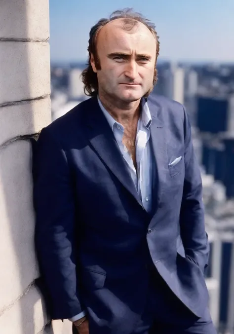 Phil Collins, (sharp focus:1.2), portrait of a man 1980s, (handsome:1.1), detailed facial features, wearing (a suit:1.2), standing on a (balcony:1.2), with (natural lighting:1.2), (depth of field:1.2), (bokeh:1.2), 4K, HDR. by (Annie Leibovitz:1.2|Ellen von Unwerth:1.1)