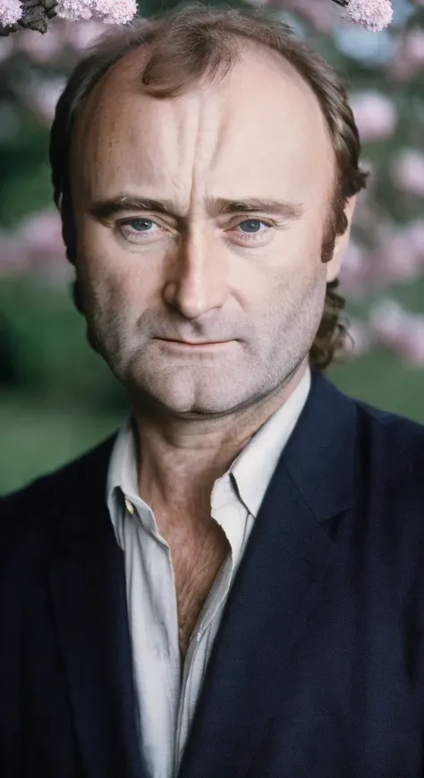 Phil Collins, portrait of a man 1980s, (sharp focus:1.2), photoshoot, (handsome:1.1), detailed facial features, wearing (formal wear:1.2), standing in a park in front of a (blossoming tree:1.2), with (evening lighting:1.2), (depth of field:1.2), (bokeh:1.2), 4K, HDR. by (Norman Seeff:1.2|Mark Seliger:1.1)