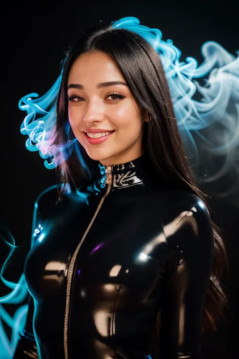 DV_Spirit_Vicious, ((Black Theme, Black backdrop:1.4)), (Close-Up Shot, headshot:1.4), (wearing black latex catsuit:1.4), (cameltoe:1.2), (latex:1.4), <lora:bigHardLatex_v10:0.3>, 35mm, F/2.8 ((Photo Focus, DOF, Aperture, insanely detailed and intricate, character, hypermaximalist, elegant, ornate, beautiful, exotic, revealing, appealing, attractive, amative, hyper realistic, super detailed)), (smiling at viewer:1.3), (volumetric blue smoke:1.3), (pink lens flare:1.2), (sharpness:1.3), (details:1.3)