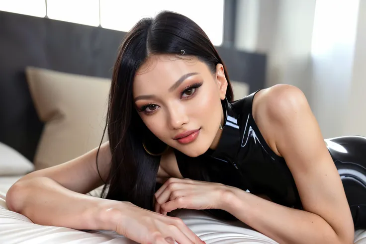 DV_Xilou_Vicious, (wearing latex catsuit), (latex:1.4), <lora:bigHardLatex_v10:0.5>, soft light, mascara, makeup, beautiful woman, slender body, smiling, perfect anatomy, long hair, lying, on stomach, feet, on bed, in her bedroom