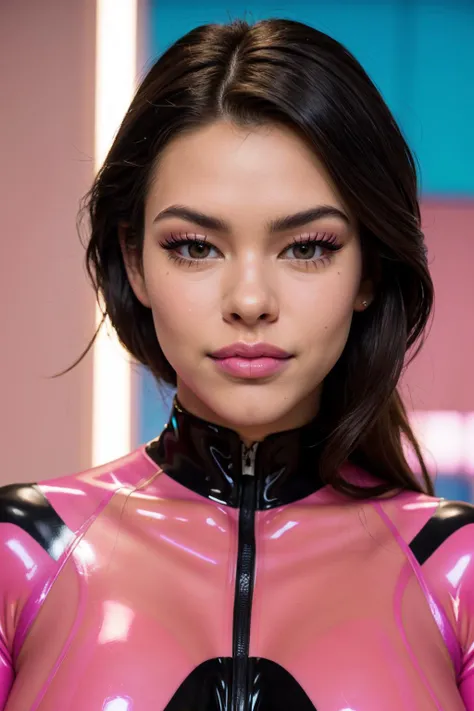 E-Girls_Mansion_Yura, streamer room, neon lights, gamer room, perfect hair, modern photo, (wearing pink and black catsuit, latex:1.4), <lora:bigHardLatex_v10:0.3>, 24mm, (analog, cinematic, film grain:1.3), beautiful slim sexy woman, ((detailed eyes)), ((long eyelashes)), (epicPhoto), long eyelashes, (glossy lips)