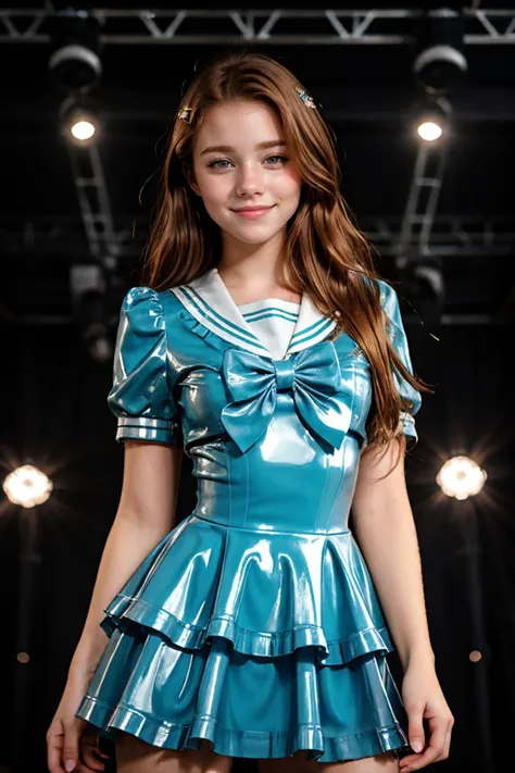 DV_Manuela_Vicious, (21 years old), smiling, long hair, pop star, singing on stage, modern photo, wearingcyb dress, latex dress, light green latex dress, short sleeves, frilled latex dress, frills, sailor collar, latex bow, skintight, shiny, slippery, rubbery, oily, glossy, tight, <lora:idol_costume_style9_v1:0.5>, <lora:bigHardLatex_v10:0.3>, (35mm, F/2.8) Photo Focus, DOF, Aperture, insanely detailed and intricate, character, hypermaximalist, beautiful, revealing, appealing, attractive, amative, hyper realistic, super detailed, beautiful girl, ((detailed eyes)), long eyelashes, (glossy lips)