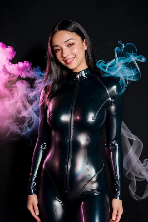 DV_Spirit_Vicious, ((Black Theme, Black backdrop:1.4)), (Close-Up Shot, headshot:1.4), (wearing black latex catsuit:1.4), (cameltoe:1.2), (latex:1.4), <lora:bigHardLatex_v10:0.3>, 35mm, F/2.8 ((Photo Focus, DOF, Aperture, insanely detailed and intricate, character, hypermaximalist, elegant, ornate, beautiful, exotic, revealing, appealing, attractive, amative, hyper realistic, super detailed)), (smiling at viewer:1.3), (volumetric blue smoke:1.3), (pink lens flare:1.2), (sharpness:1.3), (details:1.3)