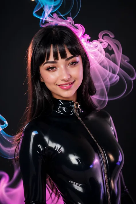 DV_Spirit_Vicious, ((Black Theme, Black backdrop:1.4)), (Close-Up Shot, headshot:1.4), (wearing black latex catsuit:1.4), (cameltoe:1.2), (latex:1.4), <lora:bigHardLatex_v10:0.3>, 35mm, F/2.8 ((Photo Focus, DOF, Aperture, insanely detailed and intricate, character, hypermaximalist, elegant, ornate, beautiful, exotic, revealing, appealing, attractive, amative, hyper realistic, super detailed)), (smiling at viewer:1.3), (volumetric blue smoke:1.3), (pink lens flare:1.2), (sharpness:1.3), (details:1.3)