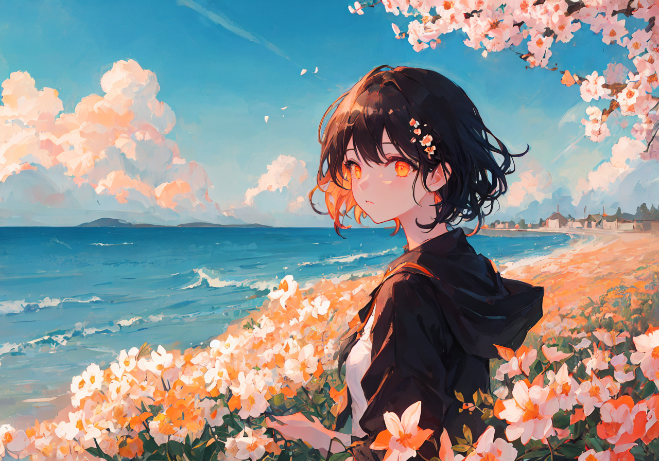 Anime girl standing in a field of flowers by the ocean - SeaArt AI