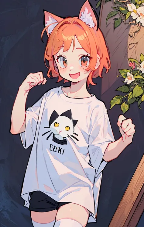 ((best quality)), (((masterpiece))), (highres), original, extremely detailed 8K wallpaper, (an extremely delicate and beautiful girl), (white digital cat ears:1.4) ,(light red short hair:1.5) ,(beautiful detailed black eyes),(white T-shirt), (white thighhighs:1.2), (1boy:1.6),smile:1,(freckles:1)
//////////
solo:1.2, <lora:sketch-anime:0.9>