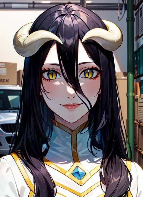 ((best quality)), ((highly detailed)), masterpiece, absurdres, detailed face, beautiful face, (detailed eyes, deep eyes), (1girl), upper body, <lora:AlbedowV2:.9>, albedow, black hair, long hair, <lora:slit-pupils:1>, snake eyes, yellow eyes, horns, albedowings, medium breasts, smiling, white dress, white elbow gloves, (inside, in a garage, truck)