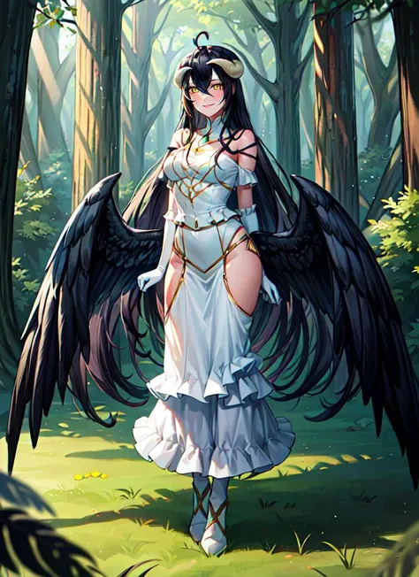 ((best quality)), ((highly detailed)), masterpiece, absurdres, (detailed eyes, deep eyes), <lora:more_details:.3>, (1girl), full body, <lora:AlbedowV2:.9>, albedow, black hair, long hair, <lora:slit-pupils:1>, snake eyes, yellow eyes, horns, albedowings, medium breasts, smiling, white dress, white elbow gloves, (outdoors, in a forest, forest canopy, twilight)