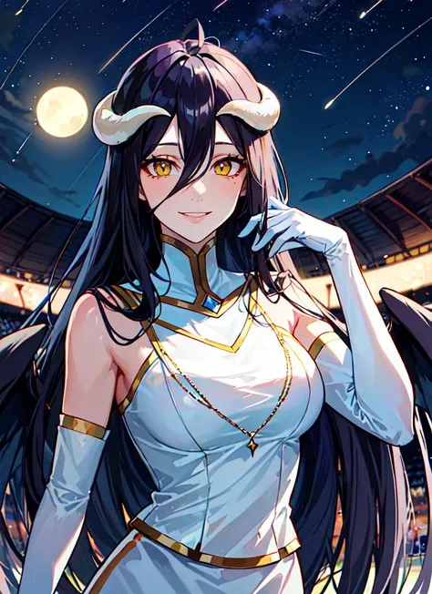 ((best quality)), ((highly detailed)), masterpiece, absurdres, extremely detailed face, beautiful face, (detailed eyes, deep eyes), (1girl), dynamic pose, upper body, <lora:AlbedowV2:.8>, albedow, black hair, long hair, yellow eyes, horns, albedowings, large breasts, smiling, white dress, white elbow gloves, (outside, in a stadium, midnight, night sky, stars, crescent moon, shooting star)