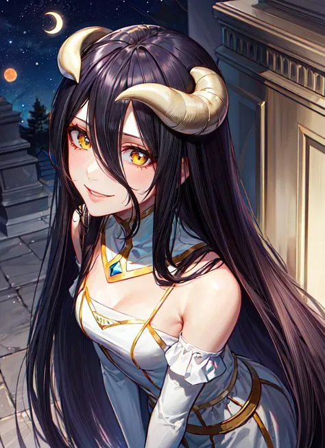 ((best quality)), ((highly detailed)), masterpiece, absurdres, extremely detailed face, beautiful face, (detailed eyes, deep eyes), (1girl), from above, cowboy shot, wide shot, <lora:hairdetailer:.8>, <lora:AlbedowV2:.9>, albedow, black hair, long hair, yellow eyes, horns, albedowings, medium breasts, smiling, white dress, white elbow gloves, (outdoors, in a mausoleum, evening, night sky, stars, lunar eclipse, shooting star)