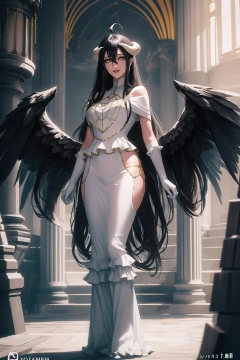 anime, hdr, soft light, ((best quality)), ((masterpiece)), (detailed), <lora:Albedo_7_20:1> albedow, medium breasts, black hair, hair between eyes, yellow eyes, white horns, ahoge, black wings, (low wings:1.1), captivating pose, smile, parted lips, looking at viewer, white dress, hip vent, white gloves, indoors, luxurious, throne, stone floor