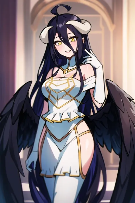 anime, hdr, soft light, ((best quality)), ((masterpiece)), (detailed), <lora:Albedo_7_20:1> albedow, medium breasts, black hair, hair between eyes, yellow eyes, white horns, ahoge, black wings, (low wings:1.1), captivating pose, smile, parted lips, looking at viewer, white dress, hip vent, white gloves, indoors, luxurious, throne, stone floor
