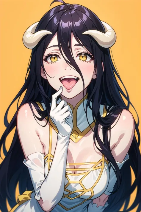 <lora:AlbedowV2-000015:0.8> albedow, albedowings, medium breasts, long black hair, yellow eyes, white dress, white elbow gloves, smile, looking at viewer, finger on mouth, open mouth, open eyes, Tongue out, yellow background, <lora:delicious:0.4>