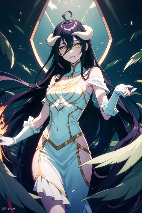 <lora:AlbedowV2-000015:0.8> albedow, medium breasts, long black hair, yellow eyes, white dress, white elbow gloves, smile, parted lips, looking at viewer