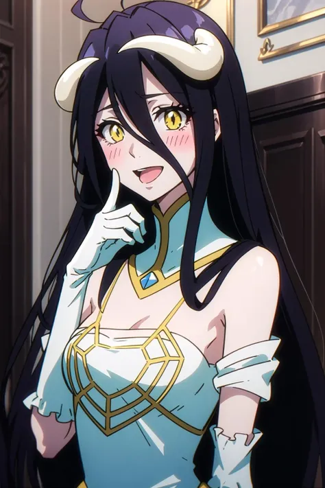 albedow, albedowings, medium breasts, long black hair, yellow eyes, white dress, white elbow gloves, looking at viewer, evil smile, parted lips, cowbot shot, indoors, marble floor , naked, , (((young))) , no clothes, flat chest,
