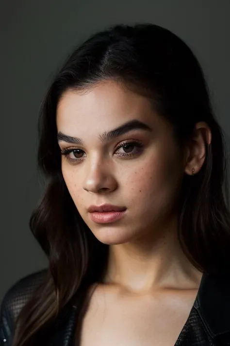 Realistic photo of a beautiful h41l33s woman, 1girl, solo, long hair, looking at viewer, simple background, black hair, brown eyes, collarbone, parted lips, grey background, lips, portrait, freckles, realistic, nose, soft lighting, professional Photography, Photorealistic, detailed, RAW, analog, sharp focus, 8k, HD, DSLR, high quality, Fujifilm XT3, film grain, award winning, masterpiece<lora:h41l33s:1.0>