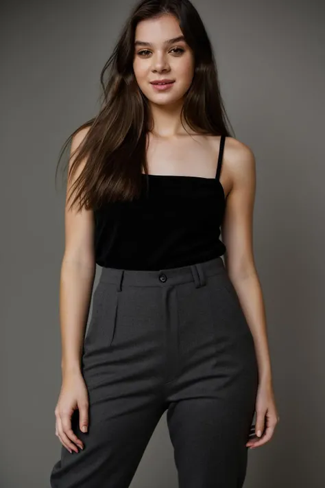 Realistic photo of a beautiful h41l33s woman, 1girl, solo, long hair, breasts, looking at viewer, smile, simple background, brown hair, dress, bare shoulders, brown eyes, pants, grey background, black dress, lips, hand on hip, black pants, contrapposto, realistic, soft lighting, professional Photography, Photorealistic, detailed, RAW, analog, sharp focus, 8k, HD, DSLR, high quality, Fujifilm XT3, film grain, award winning, masterpiece<lora:h41l33s:1.0><lora:h41l33s:1.0>