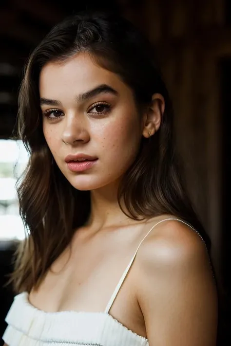 Realistic photo of a beautiful h41l33s woman, 1girl, solo, long hair, looking at viewer, simple background, brown hair, brown eyes, parted lips, lips, portrait, freckles, realistic, nose, soft lighting, professional Photography, Photorealistic, detailed, RAW, analog, sharp focus, 8k, HD, DSLR, high quality, Fujifilm XT3, film grain, award winning, masterpiece<lora:h41l33s:1.0>