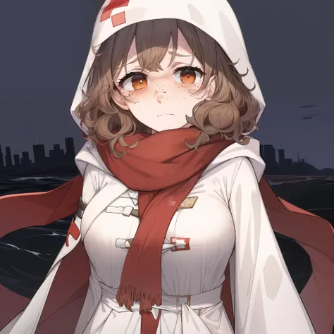 (masterpiece, best quality, high resolution:1.4,highres, absurdres), (a girl with ((freckles)) and curly brown hair wearing a white robe with a large hood down with a red cross on it and a white scarf). <lora:Panacea:0.3>,frown, (Red cross on hood).