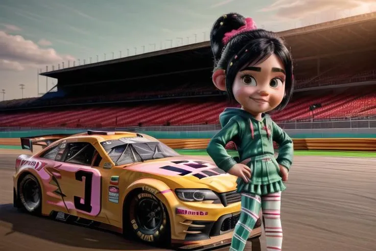 1girl, , <lora:VRAMsVanellope:1> , xyzvanellope, 1girl, beautiful, short, portrait, candy, solo, black hair, hair ornament, bow, striped, chibi, hoodie, happy, green, striped pantyhose
standing next to (Nascar candy car:1.2),( race track background:1.3), facing viewer, 8k, <lora:more_details:1>
