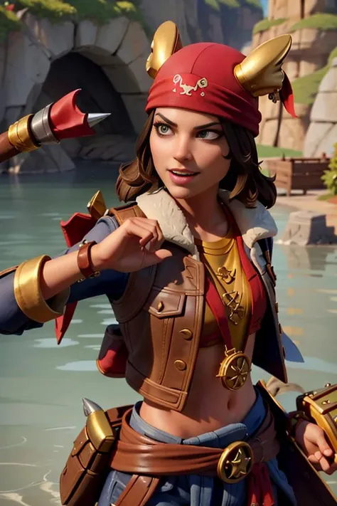<lora:SkyeSFW:0.6> xyzskye, brown hair, red_headwear, beanie, 1girl, 3d render, cgi, , piratepunkai,  skin, character focus, portrait, (battlescars:0.7), looking up, solo, (full body:0.6), detailed background, angry grin,  pirate, rich pirate sailor outfit, tattoos, pirate fantasy theme, dark pirate cave, shallow water,  stacks of loot, flying gold coins,   too much coin to count, doubloons,  treasure chests, weapons,   treasure map,    cannonballs,