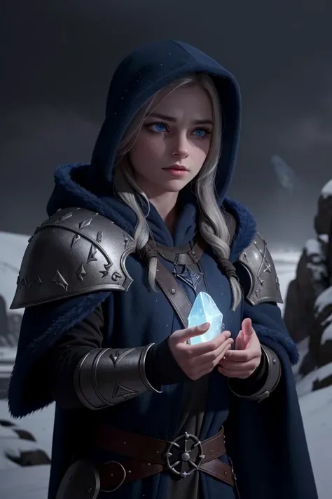 portrait, solo, half shot, detailed background, detailed face, (GlowingRunesAIV2_paleblue, glowing runes|sinister dark fantasy|mor:1.05),|magical armor,|heavy armor,|furs,|hooded robe,|} cape, surrounded by magical glow, ice shards, snow crystals, cold, stormy background, cave in background low light, dark night, cinematic atmosphere,