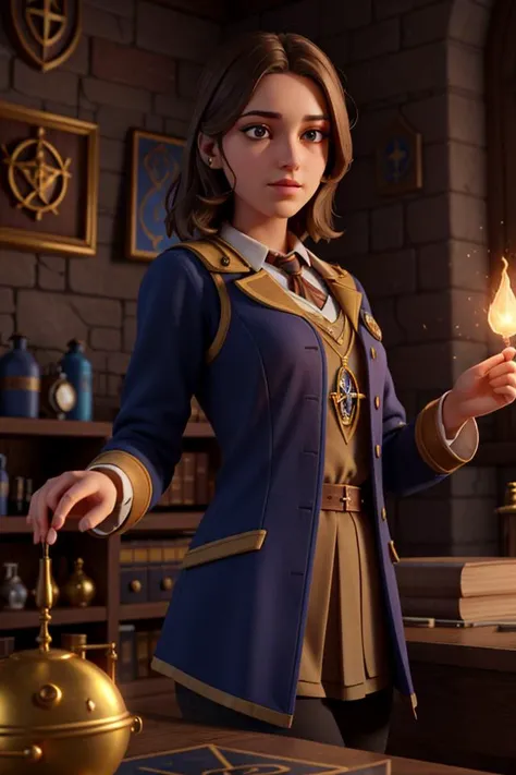 lora:SkyeSFW:0.3><lora:SkyeS3XY:0.3>, xyzskye, brown hair, 1girl, 3d render, cgi, portrait, looking at viewer, solo, (full body:0.6), detailed background, detailed face, (Hogwarts|renaissance|victorian} theme :1.1), medieval alchemist,  alchemy laboratory in background,    vials,  posion, gunpowder, spark, philosophers stone,  manuscript, alchemical fomula, glowing magical symbols, technology, magical fantasy atmosphere, occult ,