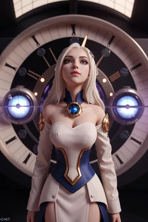 <lora:Ahri:0.5>, xyzahri, white hair, 1girl, 3d render, cgi, , portrait, solo, half shot, looking up, detailed background, detailed face, dystopian [futuristic|timeless], impossible space, circular patterns, (style-swirlmagic:1.0), hourglass, clockwork, clock gears,     cosmic space in background, epic atmosphere