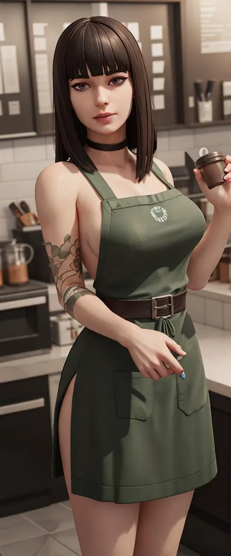 <lora:VRAMsCharlotte640:0.5>, xyzcharlotte, 1girl, long hair, looking at viewer, portrait, masterpiece, best quality, blunt bangs, closeup, makeup, choker, skirt, belt, 3d model, octane render,
<lora:Iced_Latte_With_Breast_Milk_v2:0.8>, Iced_Latte_With_Breast_Milk, green apron